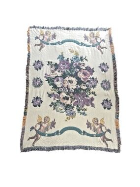 Vintage Tapestry Throw Blanket Ivory Cherub Floral Reversible Fringe 48x72